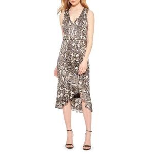 Parker Briony Snakeskin Python Print Ruched Ruffle Neutral Midi Dress XXS NWT